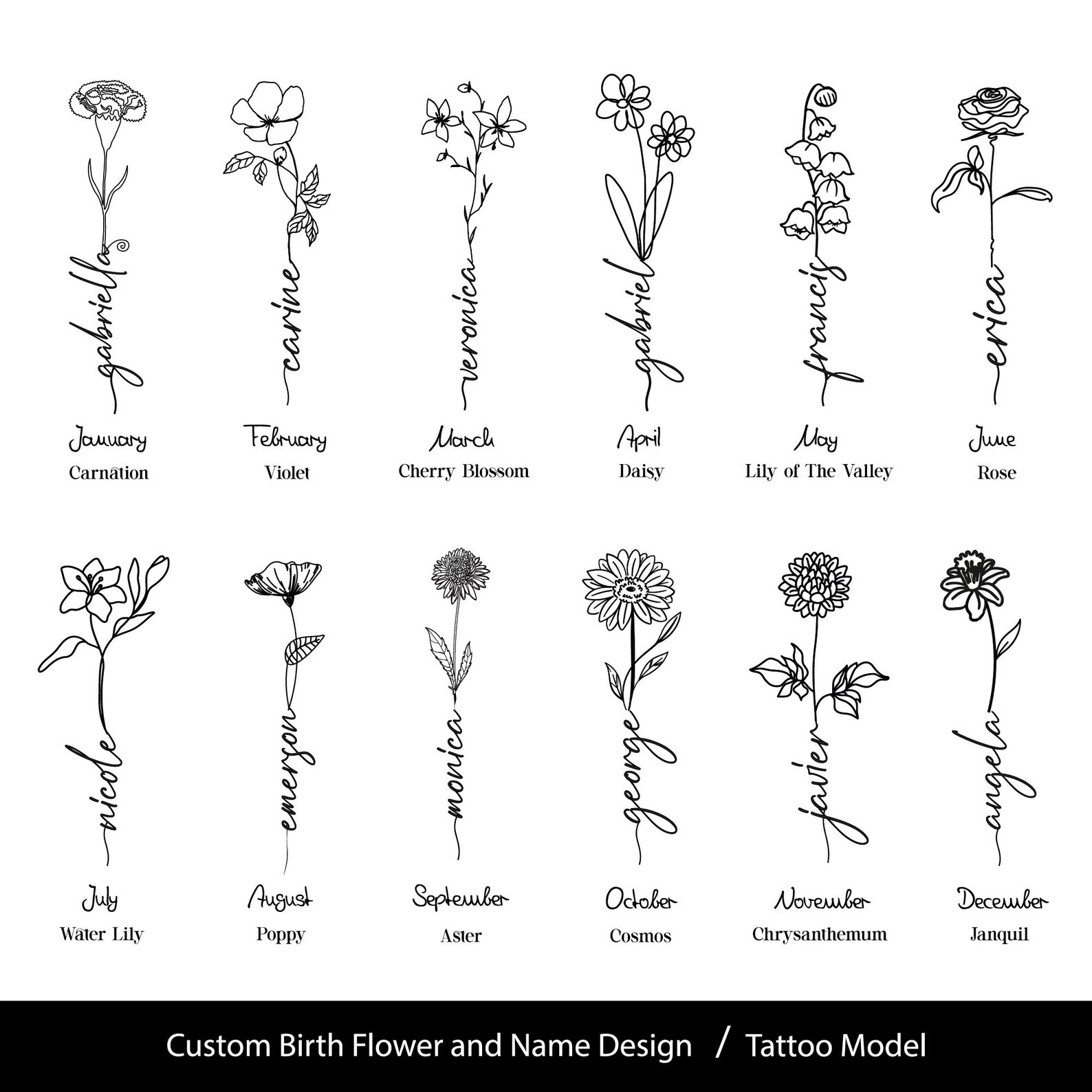 Birth Month Flower Custom Name Design Floral Tattoo Digital File - Etsy