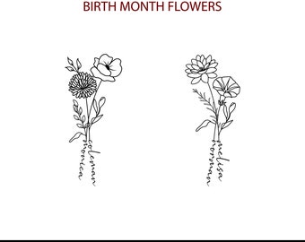 2 Birth Flowers and 2 Names • Couple Birthday Month Tattoo • Personalizable Two Names Design • Floral Name Tattoo • DIGITAL FILE