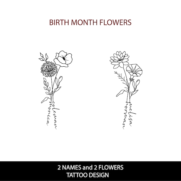 2 Birth Flowers and 2 Names • Couple Birthday Month Tattoo • Personalizable Two Names Design • Floral Name Tattoo • DIGITAL FILE