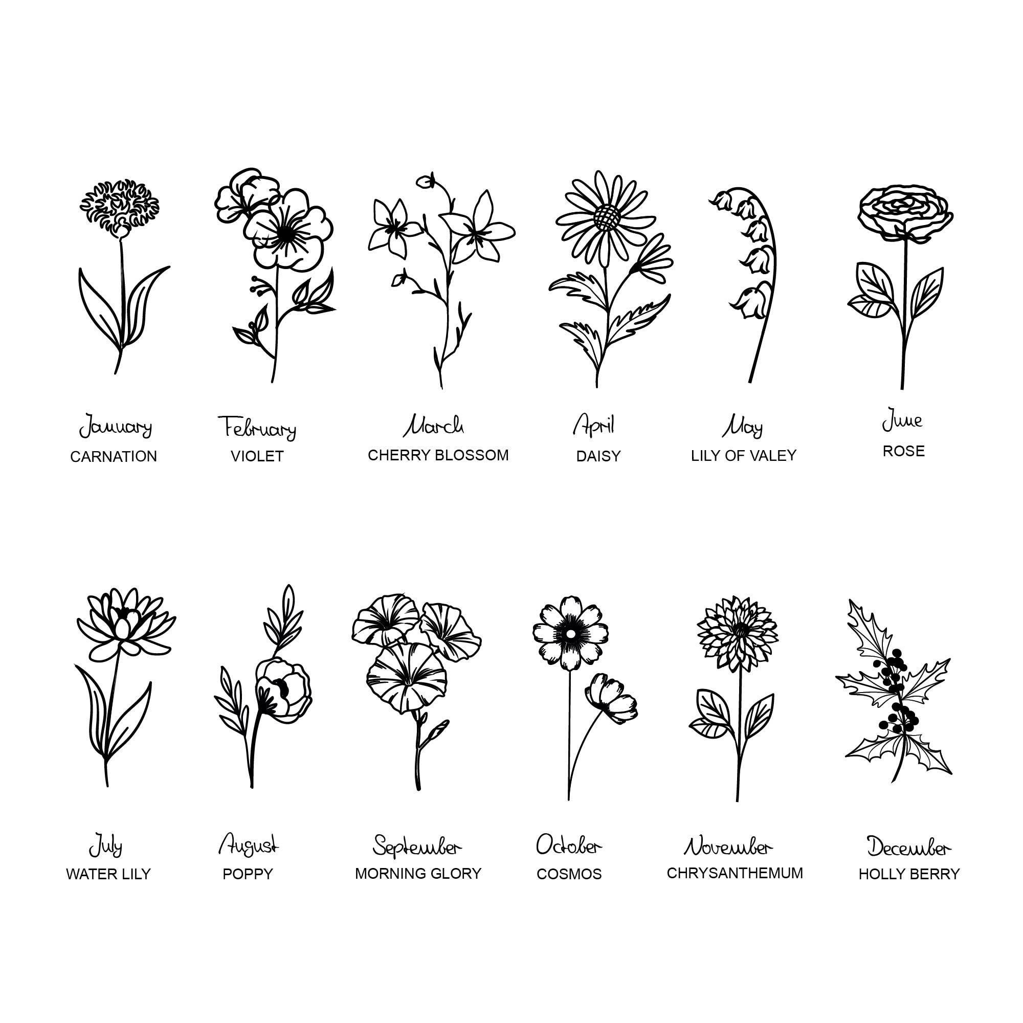 Birth Flower Bouquet With 3 Names • Family Birth Month Tattoo • Three ...