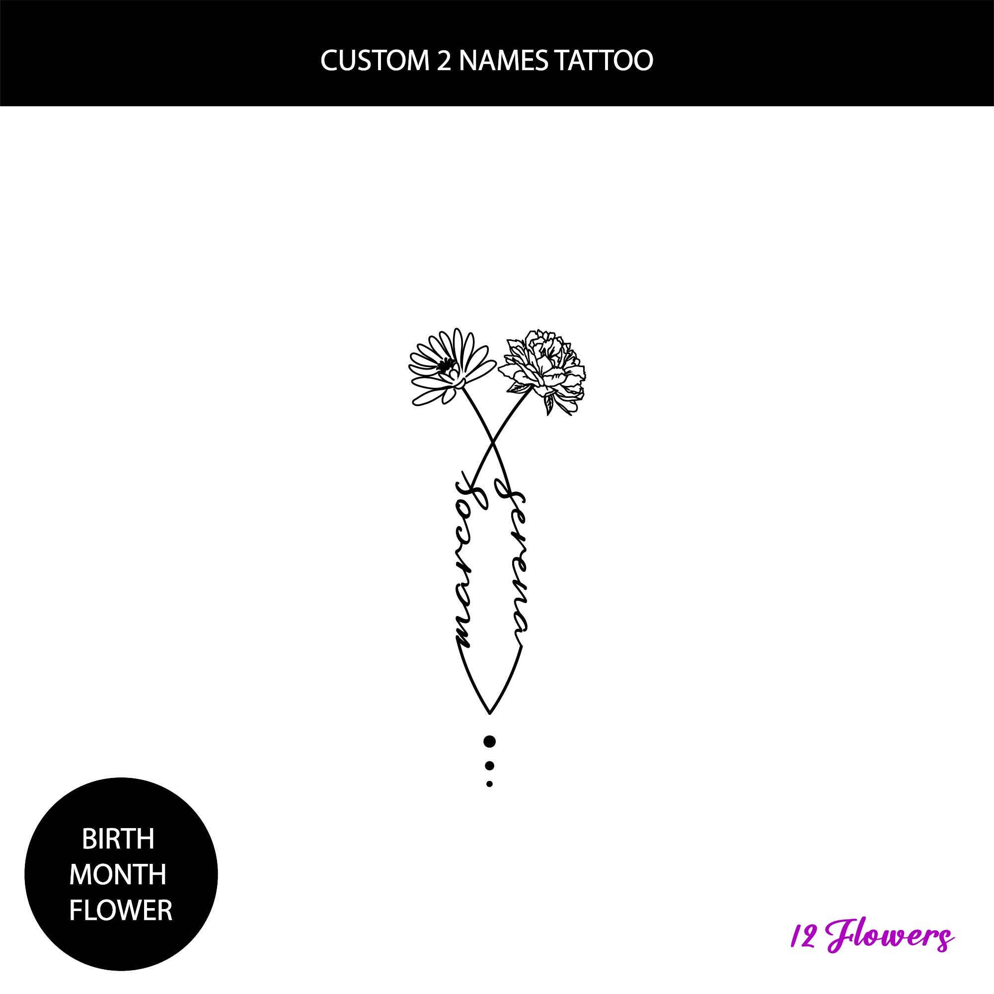 Birth Flower With 2 Names • Couple Birth Month Tattoo • Two Names ...
