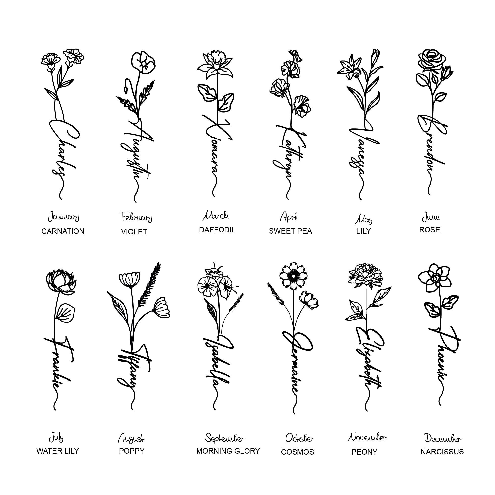Birth Flower Name Tattoo Custom Floral Tattoo Etsy
