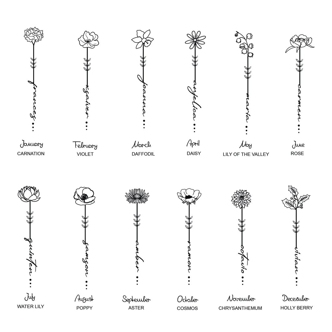 Birthday Flower Name Custom Tattoo Birth Flower Design Line Drawing