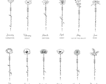 Birthday Flower Name • Custom Tattoo • Birth Flower Design • Line Drawing • Printable Svg, Png