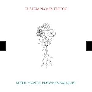 Peut inclure: Un dessin au trait noir et blanc d'un bouquet de fleurs avec les noms "Dean", "Carmen" et "Maria" écrits sur les tiges.