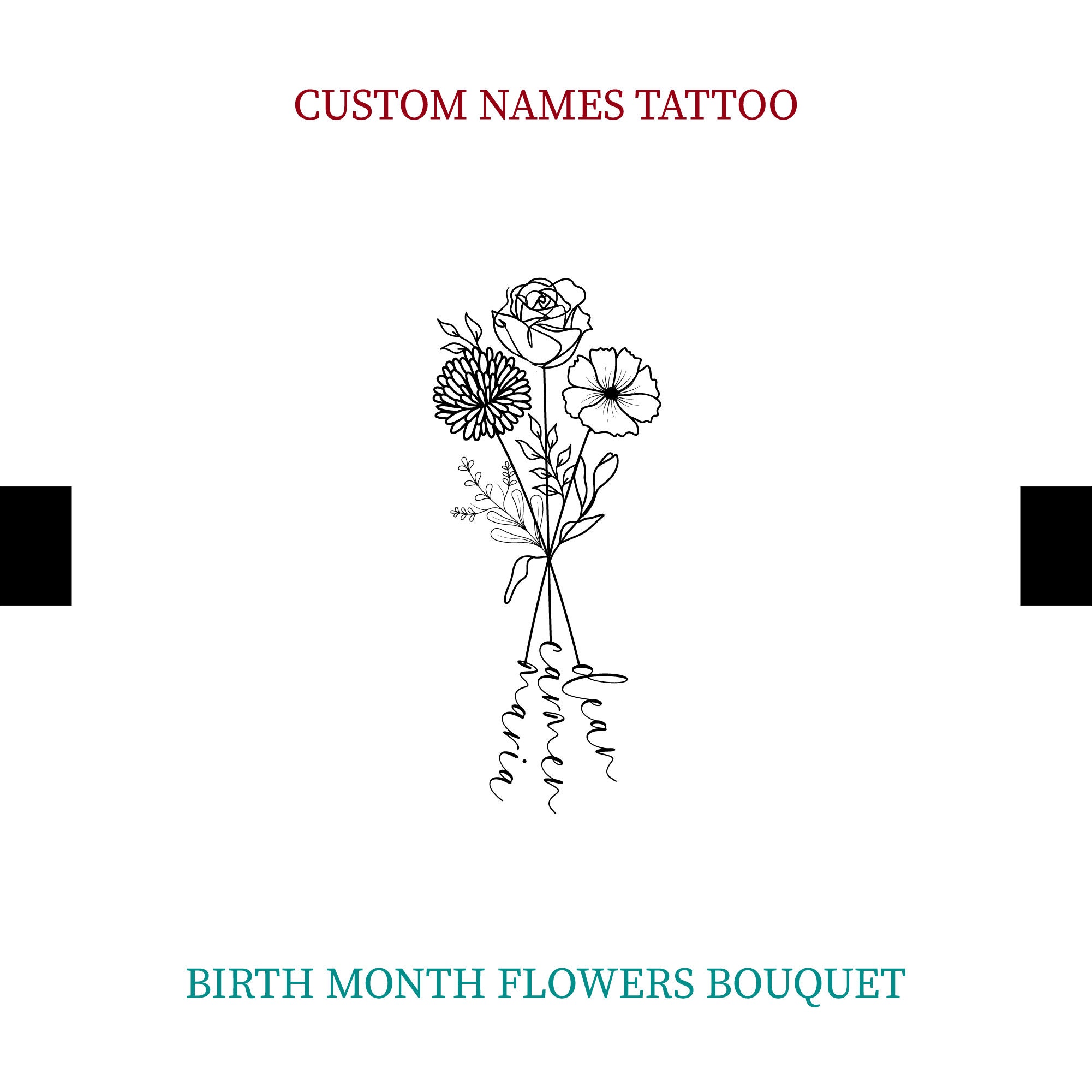 Birthday Flowers and Names Tattoo • 3 Birth Month Flowers Bouquet • Three Flowers Vectorel, Line Drawing Svg, Png