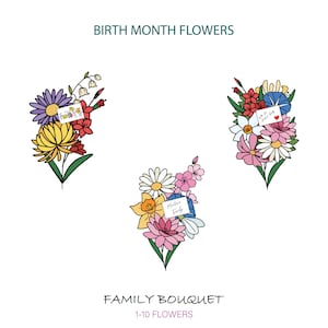 Aanpasbaar bloemenboeket geboortemaand • Aangepaste cadeaukaart • Familiebloemboeket met jouw tekst • Kleurrijke verjaardagsbloemen