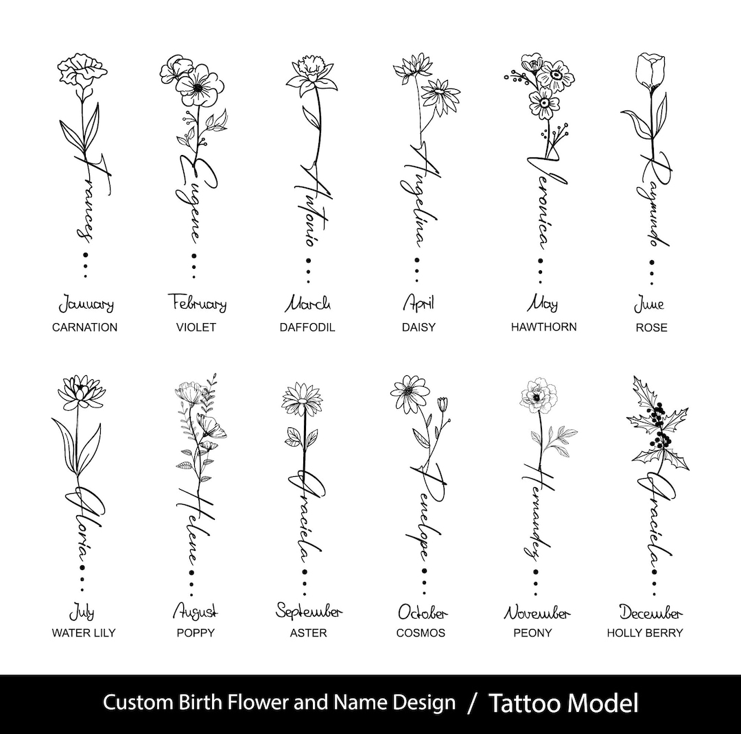 Birthday Flower Name Tattoo Birth Flower Design Custom Name Tattoo Line