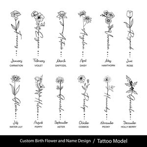 Tatuagem de nome de flor de aniversário • Design de flor de nascimento • Tatuagem de nome personalizada • Desenho de linha • Svg para impressão, PNG