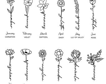 Birthday Flower Name • Personalized Tattoo • Birth Flower Design • Line Drawing • Printable Svg, Png