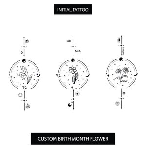 Nombre de flor de cumpleaños • Tatuaje personalizado • Diseño de flor del mes de nacimiento • Dibujo lineal • Diseño inicial Svg, Png • Vector floral