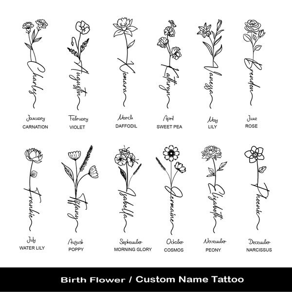 Fleur de naissance • Tatouage de nom • Tatouage floral personnalisé