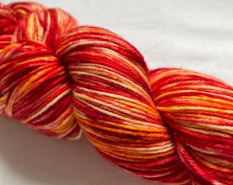 Hand Dyed Sock Yarn – Red Orange Yellow Merino Nylon Blend – 100g 437 Yards Yarn