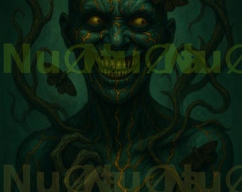 The Smiling Corruption – Dark Gothic Abstract Wall Art | Moody Teal & Gold Digital Download