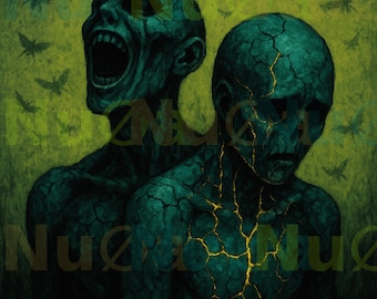 The Eternal Struggle – Dark Abstract Wall Art Printable | Moody Teal & Gold Digital Download