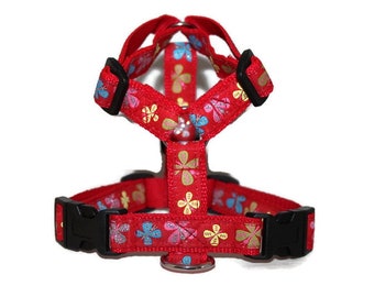 Lead harness - dog harness - adjustable - small to medium-sized dogs - butterfly red