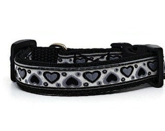 Dog collar 1.5 cm wide - mini - hearts black/white/gray, optional. with 2 m leash