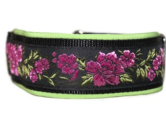 Greyhound Collar - Pull Stop/Click - Hibiscus Light Green - 4cm or 5cm wide