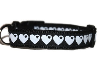 Dog collar hearts black/white - different widths, optionally with 2 m leash