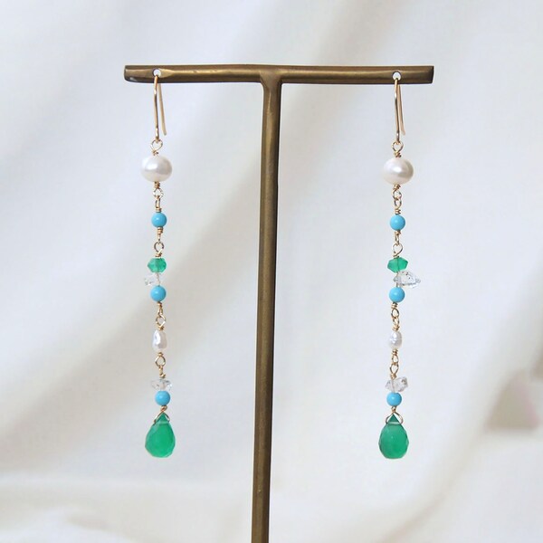 Green onyx and Turquoise long earrings