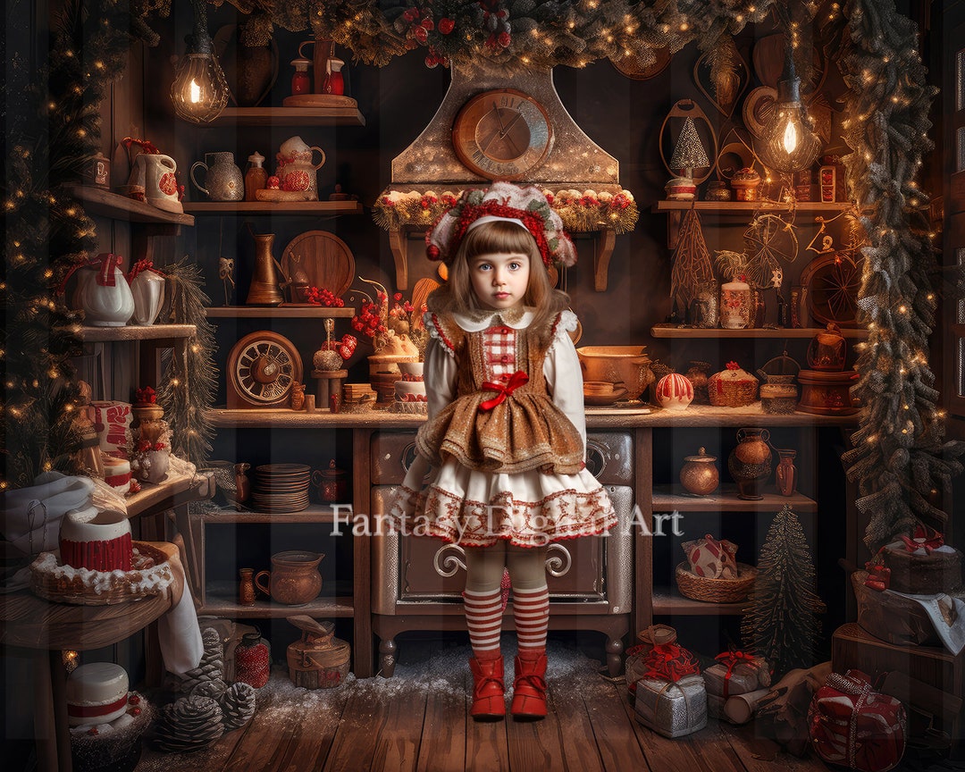 Christmas Kitchen Backdrop Photography, Christmas Digital Background