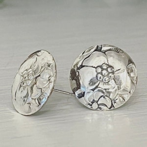 Domed Silverware Stud Earrings, Dainty Studs, Cute Stud Earrings, Silver Studs, Gifts for Her, Recycled Jewelry, Love Precious Flower