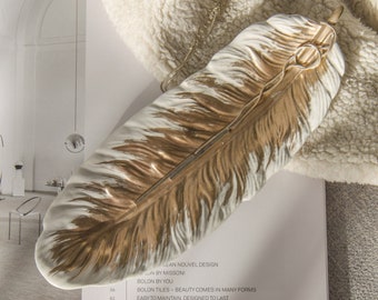 Concrete Feather Tray Gold Accent Jewelry Display Dish, Ring Holder Home Decor Gift