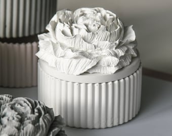 Ribbed Jar With Peony Lid, Flower Ring Trinket Jewelry Box Candle Container, Jesmonite Holder Bowl, Mother&#39;s Day Valentine&#39;s Gift For Her