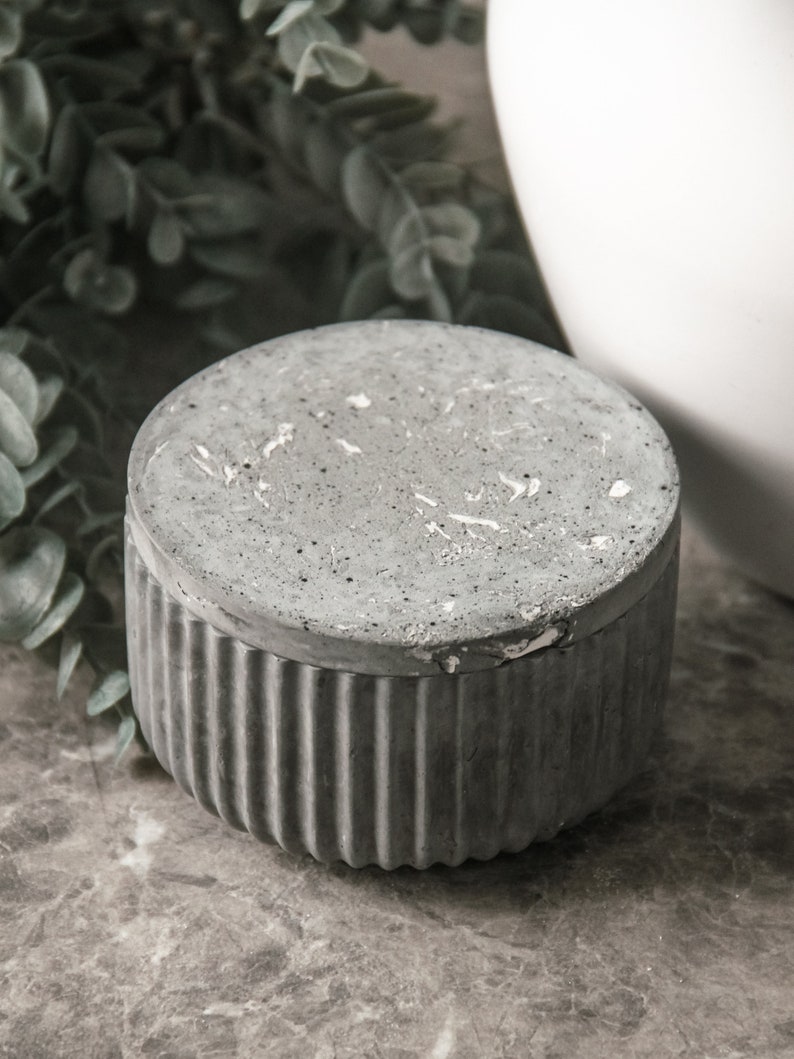 Large Round Ribbed Concrete Candle Vessel Jar, Jewelry Trinket Bowl