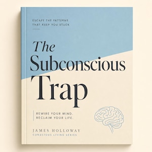 Op de afbeelding: Een hardcover boek getiteld The Subconscious Trap door James Holloway. De kaft heeft een gespleten ontwerp met een lichtblauwe bovenkant en een crèmekleurige onderkant. De tekst luidt Escape the patterns that keep you stuck, Rewire your mind.