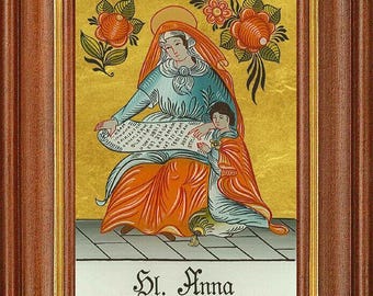 Reverse glass painting - Saint Anne - patronal picture baptism patron saint 12.7x16 th