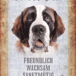 May include: A vintage-style poster featuring a Bernese Mountain Dog with the text "Bernhardiner" at the top and the words "Freundlich, Wachsam, Sanftmütig, Ruhig" at the bottom. The dog is looking directly at the viewer with a friendly expression.