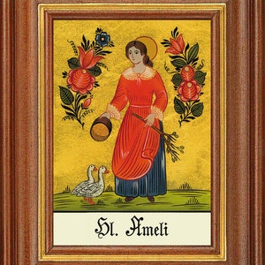 May include: A framed folk art painting of a woman in a red dress holding a basket and a branch. The woman is standing in a field with two geese. The painting is on a yellow background with floral accents. The text "St. Ameli" is written below the image.