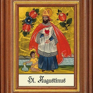 Op de afbeelding: Een religieuze icoon met St. Augustinus in een bruine lijst. De afbeelding toont een man in een rode cape en wit gewaad die een hart vasthoudt, met een kind dat water giet. De achtergrond is goudkleurig met bloemmotieven.