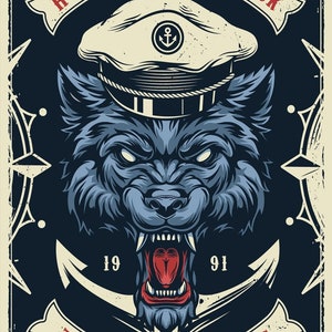 Puede incluir: Póster de estilo vintage con un lobo que lleva un gorro de marinero y un ancla náutica. El póster tiene el texto "Honorable Shellback" y "The Sea is Calling" en una fuente desgastada.