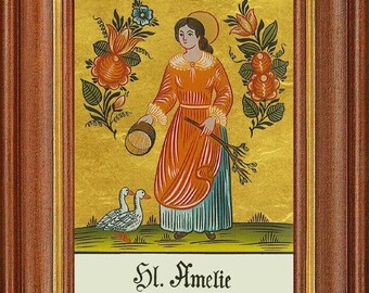 Hinterglasbild Hl. Anita – Handbemalt Mit Blattgold, Braun Gebeizter Holzrahmen, 12,5x16 Cm