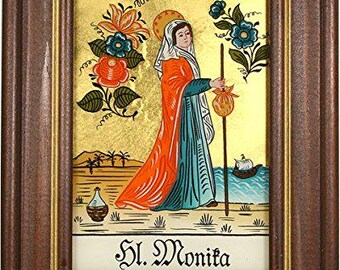 Hinterglasbild hl. monika holzrahmen legende des heiligen auf der bildrückseite, ca. b 12,5 x h 16 cm