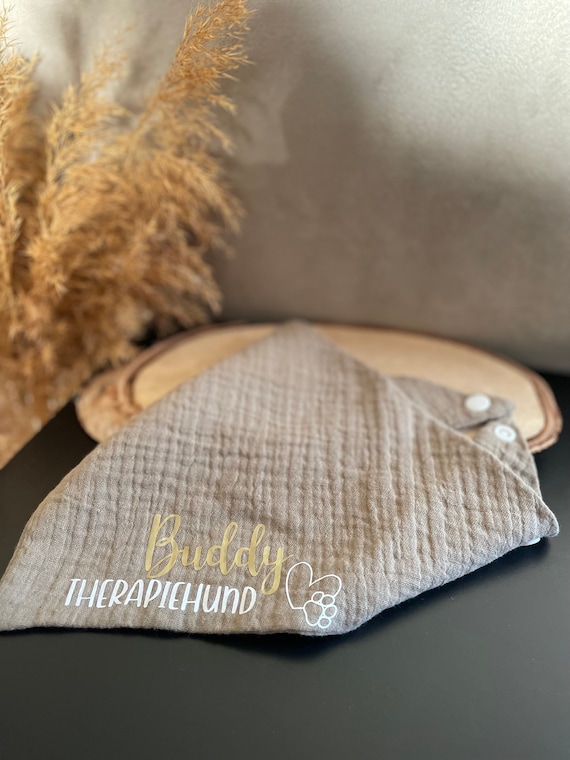 Personalisiertes Hundehalstuch - Therapiehund I Halstuch mit Druckknöpfen I Musselin Halstuch mit Namen I für kleine Hunde und Katzen