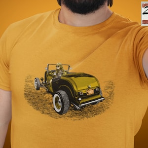 Hot Rod Girl T-Shirt: Classic Car Highboy Roadster - Unisex Gold Tee