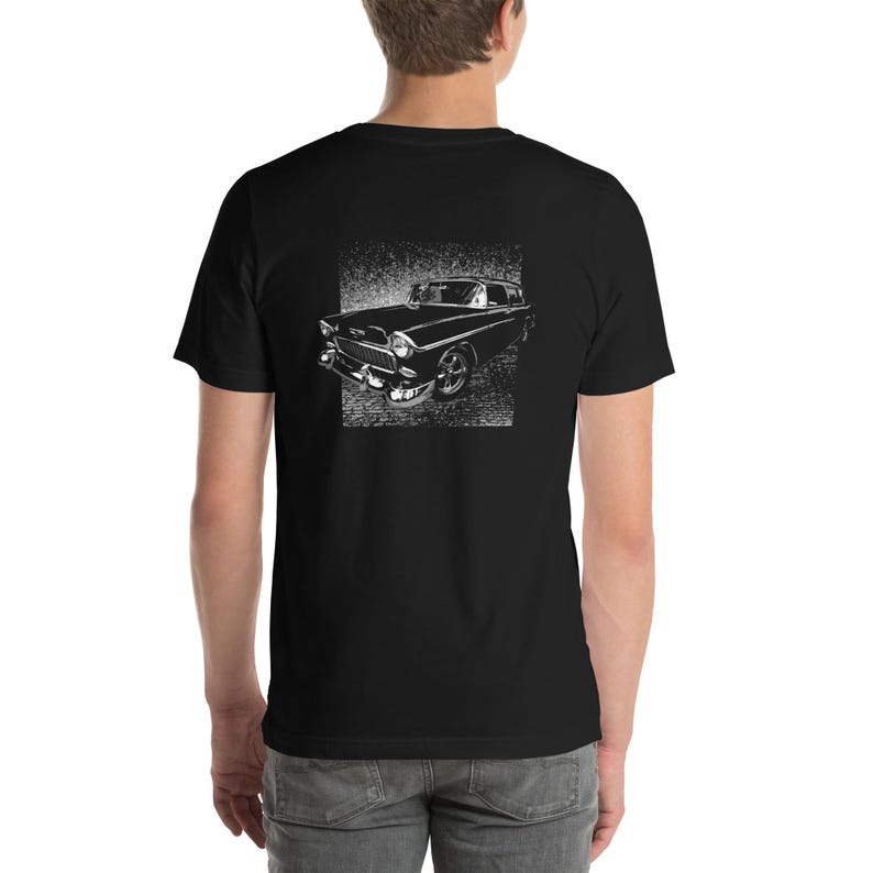 Classic Car shirt featuring a 55 Chevy Nomad. Unisex classic tee with image on back.