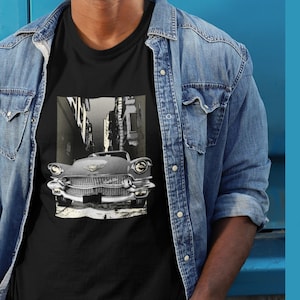 56 Cadillac Unisex Jersey Tee, 1956 Caddy on city street