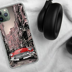 56 Cadillac iPhone Case for models 11 through 14, featuring red 1956 Caddy on city street