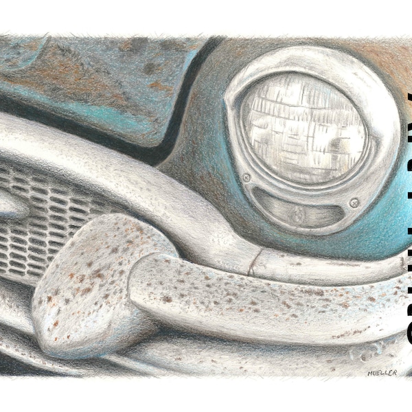 Rusty 55 Buick Roadmaster Color Pencil Drawing Wall Art, 8" x 11" Unframed, Original hand drawn artwork