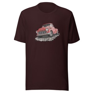 Classic truck shirt featuring rusty red 55 Chevy truck - Unisex T-shirt with rusted classic pickup