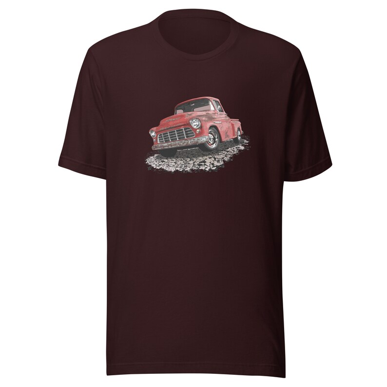 Classic truck shirt featuring rusty red 55 Chevy truck - Unisex T-shirt with rusted classic pickup