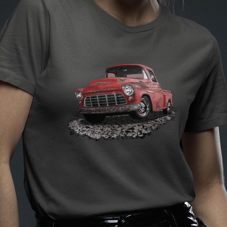 Classic truck shirt featuring rusty red 55 Chevy truck - Unisex T-shirt with rusted classic pickup