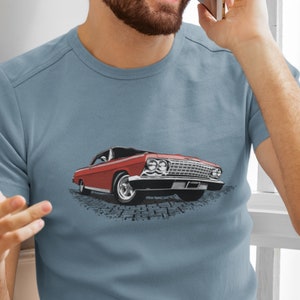 Classic car shirt featuring Red 1962 Chevy Impala - Unisex Jersey Tee - 62 Chevrolet Impala SS