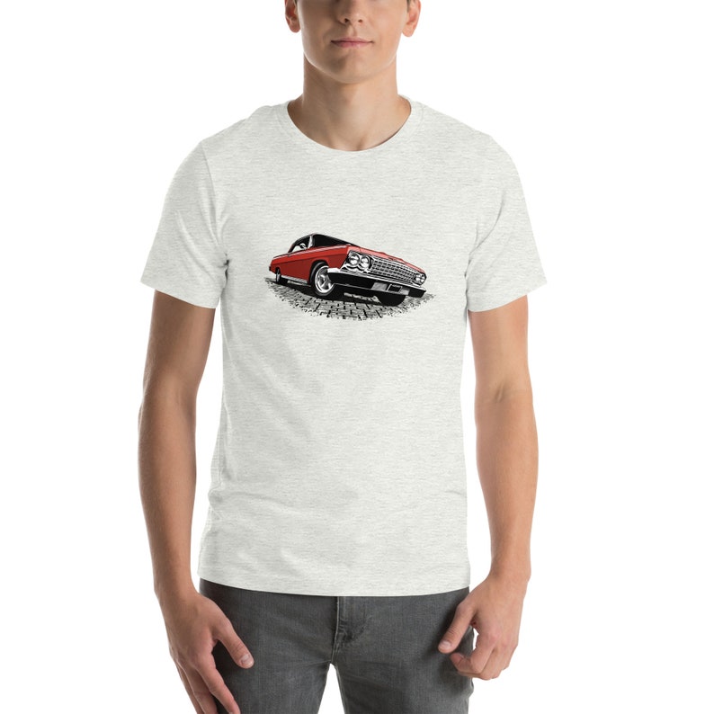 Classic car shirt featuring Red 1962 Chevy Impala - Unisex Jersey Tee - 62 Chevrolet Impala SS