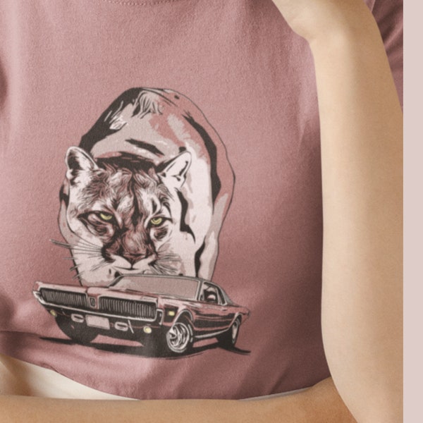 Classic Car Shirt featuring 68 Cougar, Unisex Jersey Tee featuring 1968 Mercury Cougar with cougar cat backdrop, red theme