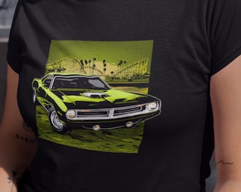 Camiseta de coche clásico con el Barracuda verde lima de 1970 - Camiseta unisex con el Plymouth Barracuda del 70